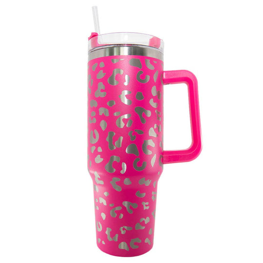 Hot Pink Metallic Leopard 40oz Tumbler Cup with Handle