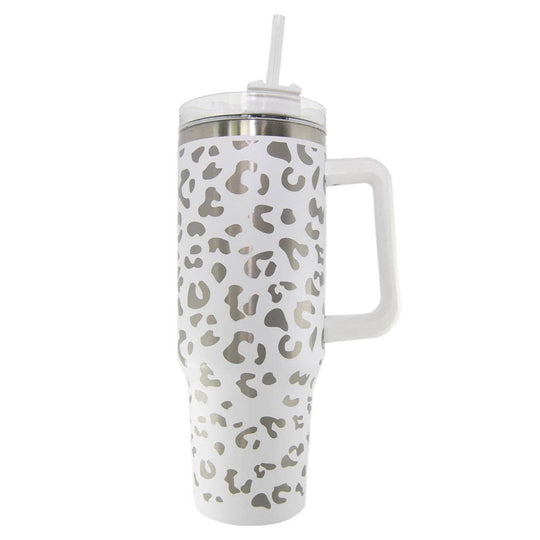 White Metallic Leopard 40oz Tumbler Cup with Handle