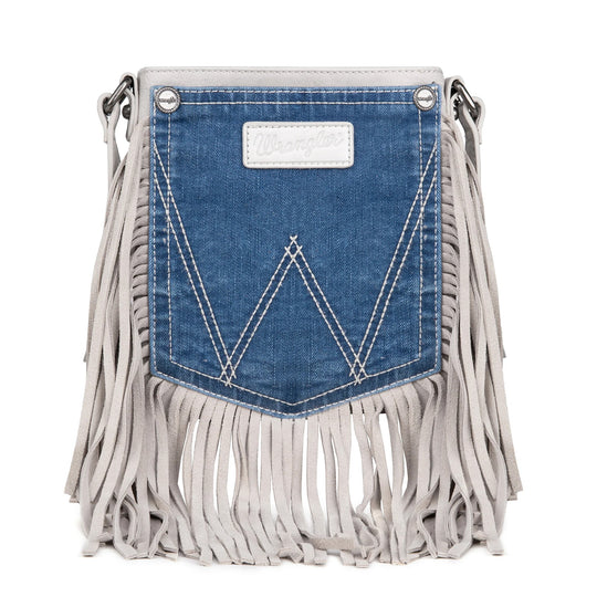 Wrangler Leather Fringe Jean Denim Pocket Crossbody - White