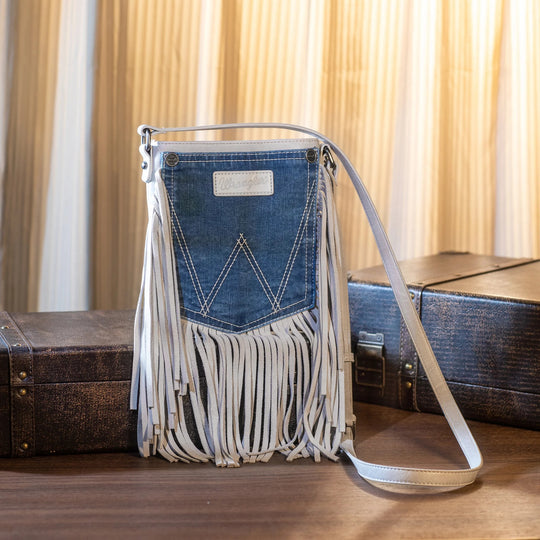 Wrangler Leather Fringe Jean Denim Pocket Crossbody - White
