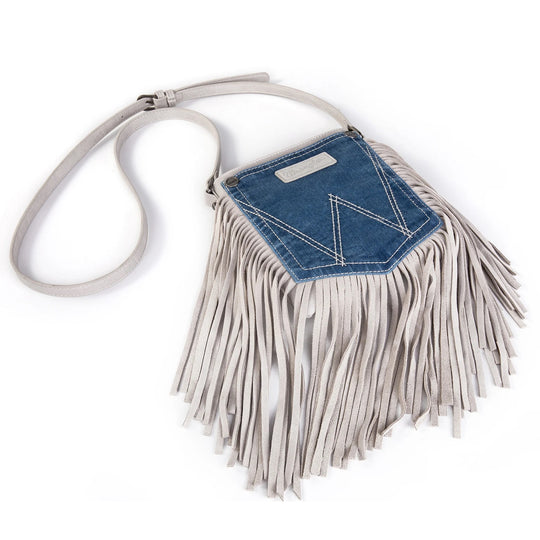 Wrangler Leather Fringe Jean Denim Pocket Crossbody - White