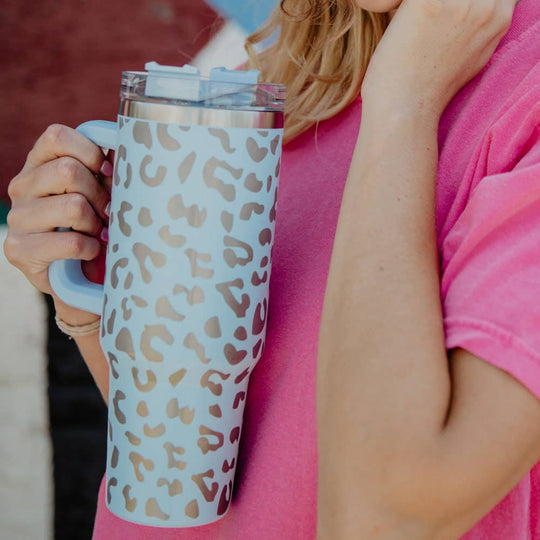 Light Blue Metallic Leopard 40oz Tumbler Cup with Handle