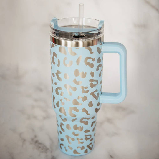 Light Blue Metallic Leopard 40oz Tumbler Cup with Handle