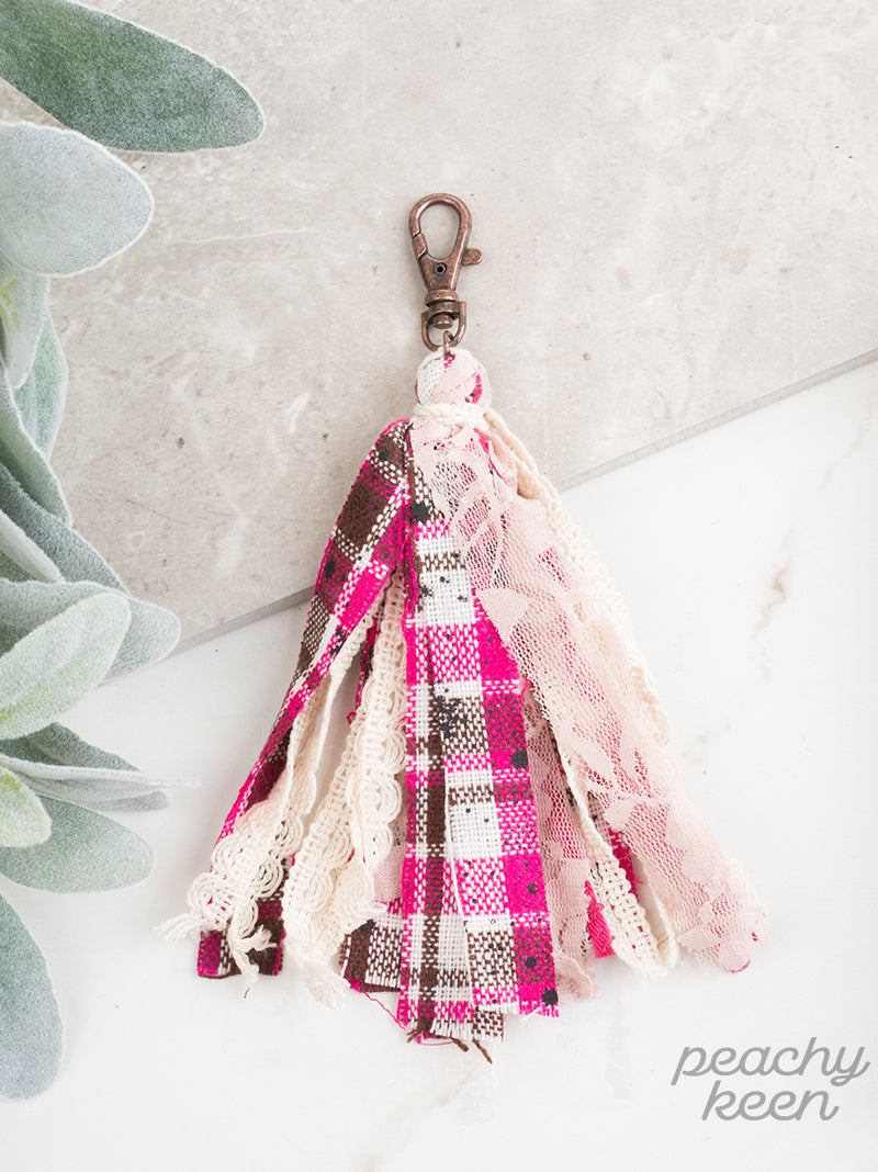 Pleasantly Plaid Tassel Keychain, Pink