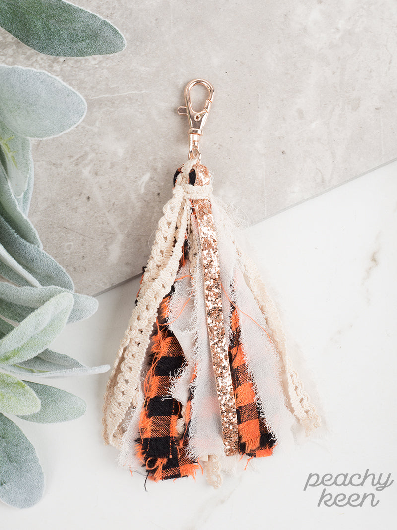 Pumpkin Patch Plaid Tassel Keychain, Orange