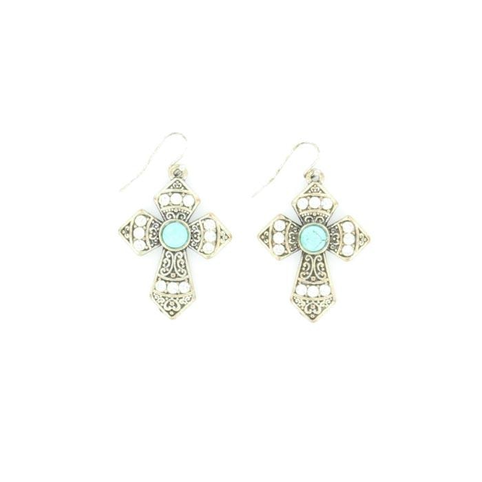 Blazin Roxx Silver And Turquoise Cross Earrings - Accessories
