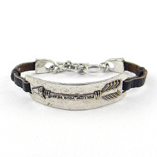 Follow Your Heart Arrow Head Plate Leather Bracelet - Accessories