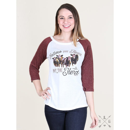 Follow Your Heart Not The Herd Maroon-Sleeve Raglan - Womens Tops