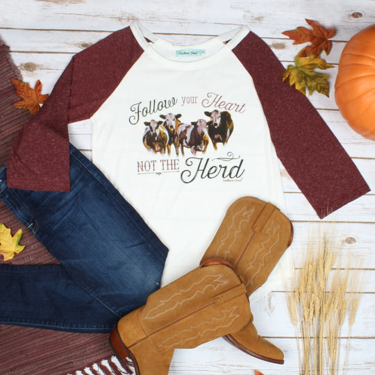 Follow Your Heart Not The Herd Maroon-Sleeve Raglan - Womens Tops