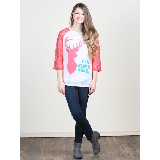 Tis The Season To Sparkle Pink Sleeves Raglan - Womens Tops