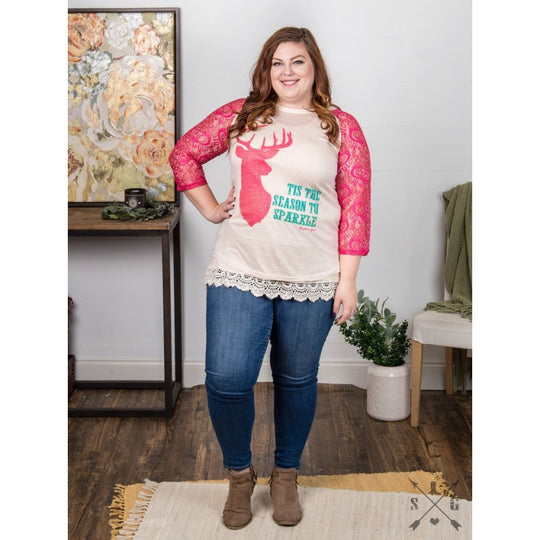 Tis The Season To Sparkle Pink Sleeves Raglan - Womens Tops