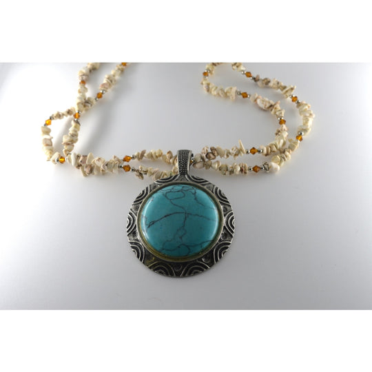 White And Amber Double Bead Necklace With Turquoise And Silver Pendent - Jewellery