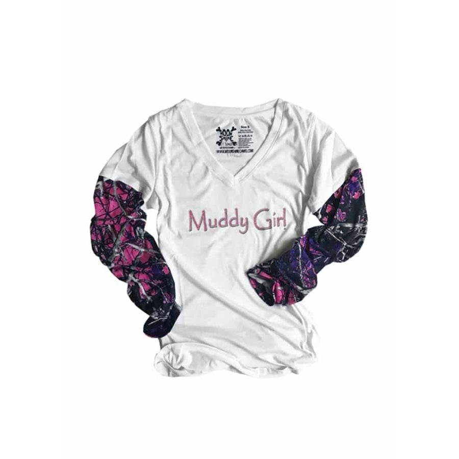 White Logo Long Sleeve | Muddy Girl Camo - Womens Tops