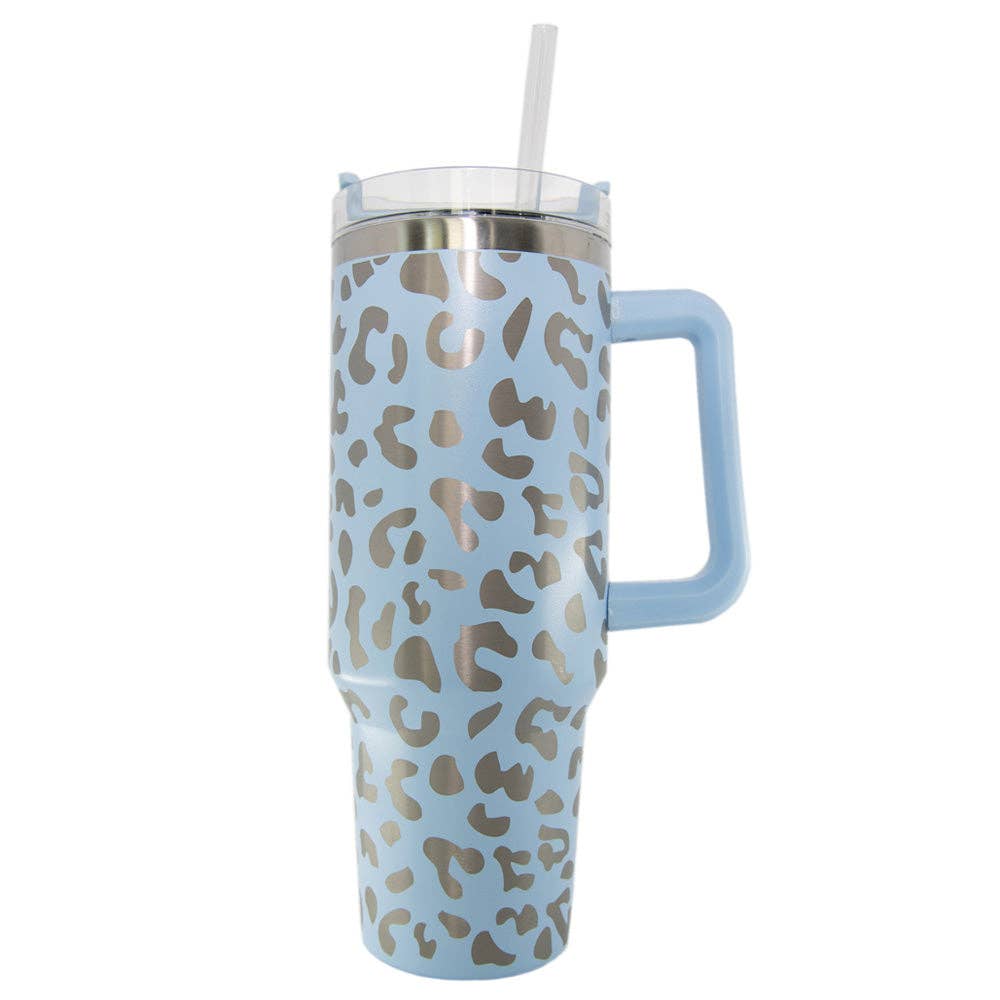 Light Blue Metallic Leopard 40oz Tumbler Cup with Handle