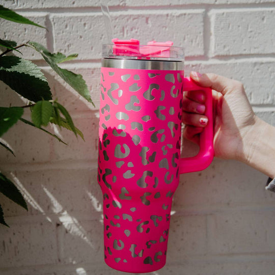Hot Pink Metallic Leopard 40oz Tumbler Cup with Handle