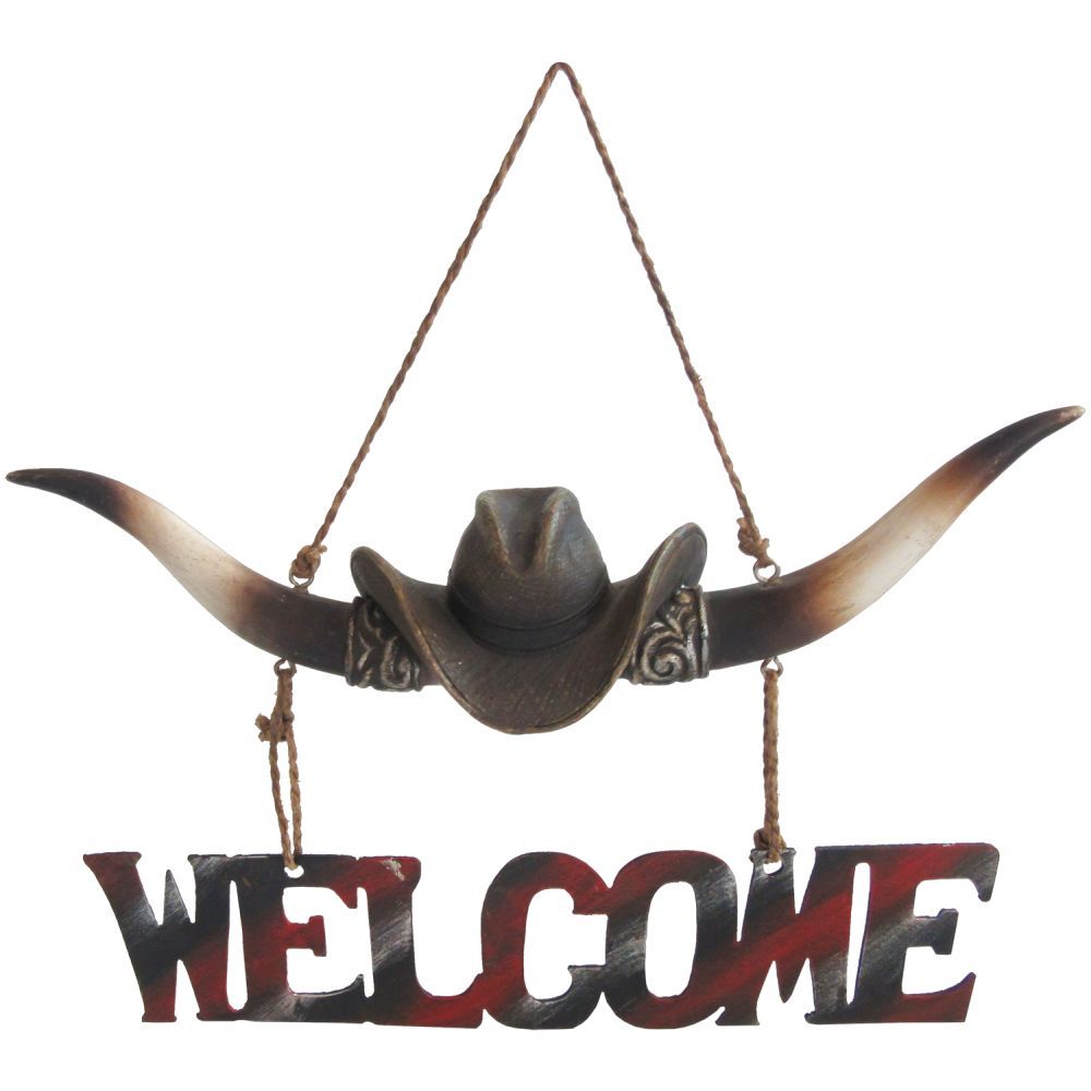 Longhorn with Cowboy Hat Hanging Welcome Sign