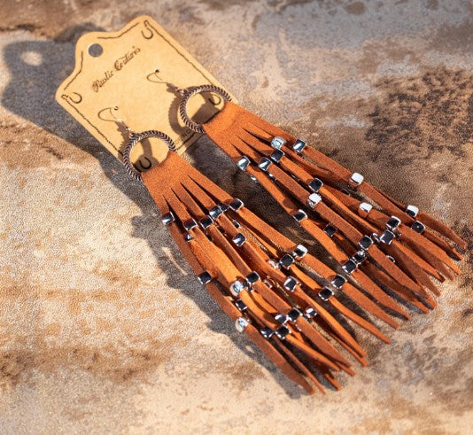 Rustic Couture's Hoop Long Suede Fringe Silver Beaded Statement Earrings