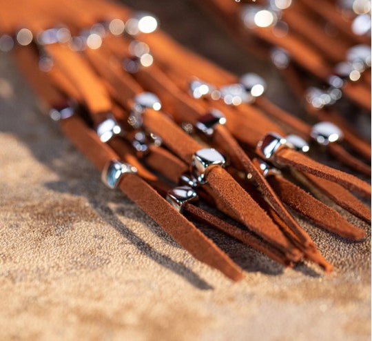 Rustic Couture's Hoop Long Suede Fringe Silver Beaded Statement Earrings