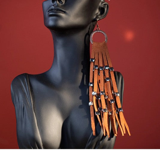 Rustic Couture's Hoop Long Suede Fringe Silver Beaded Statement Earrings
