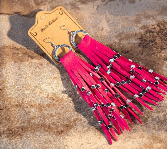 Rustic Couture's Hoop Long Suede Fringe Silver Beaded Statement Earrings