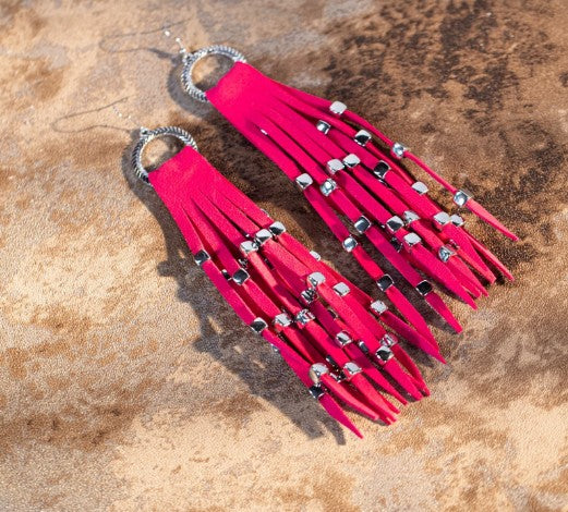 Rustic Couture's Hoop Long Suede Fringe Silver Beaded Statement Earrings