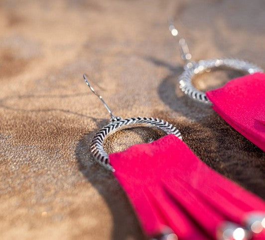 Rustic Couture's Hoop Long Suede Fringe Silver Beaded Statement Earrings