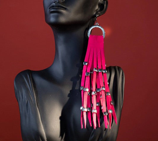 Rustic Couture's Hoop Long Suede Fringe Silver Beaded Statement Earrings