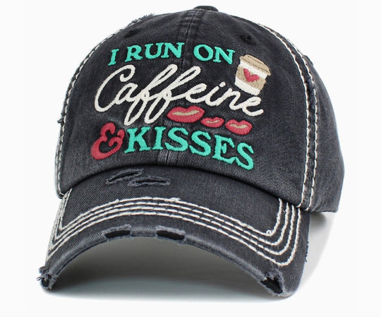 I Run On Caffeine & Kisses Washed Vintage Ballcap in Black