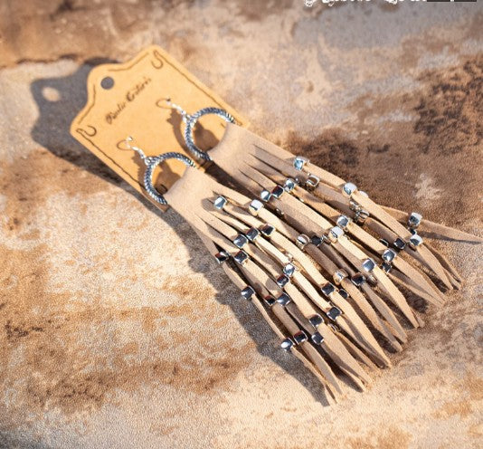 Rustic Couture's Hoop Long Suede Fringe Silver Beaded Statement Earrings