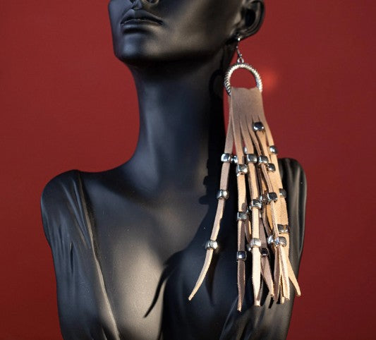 Rustic Couture's Hoop Long Suede Fringe Silver Beaded Statement Earrings