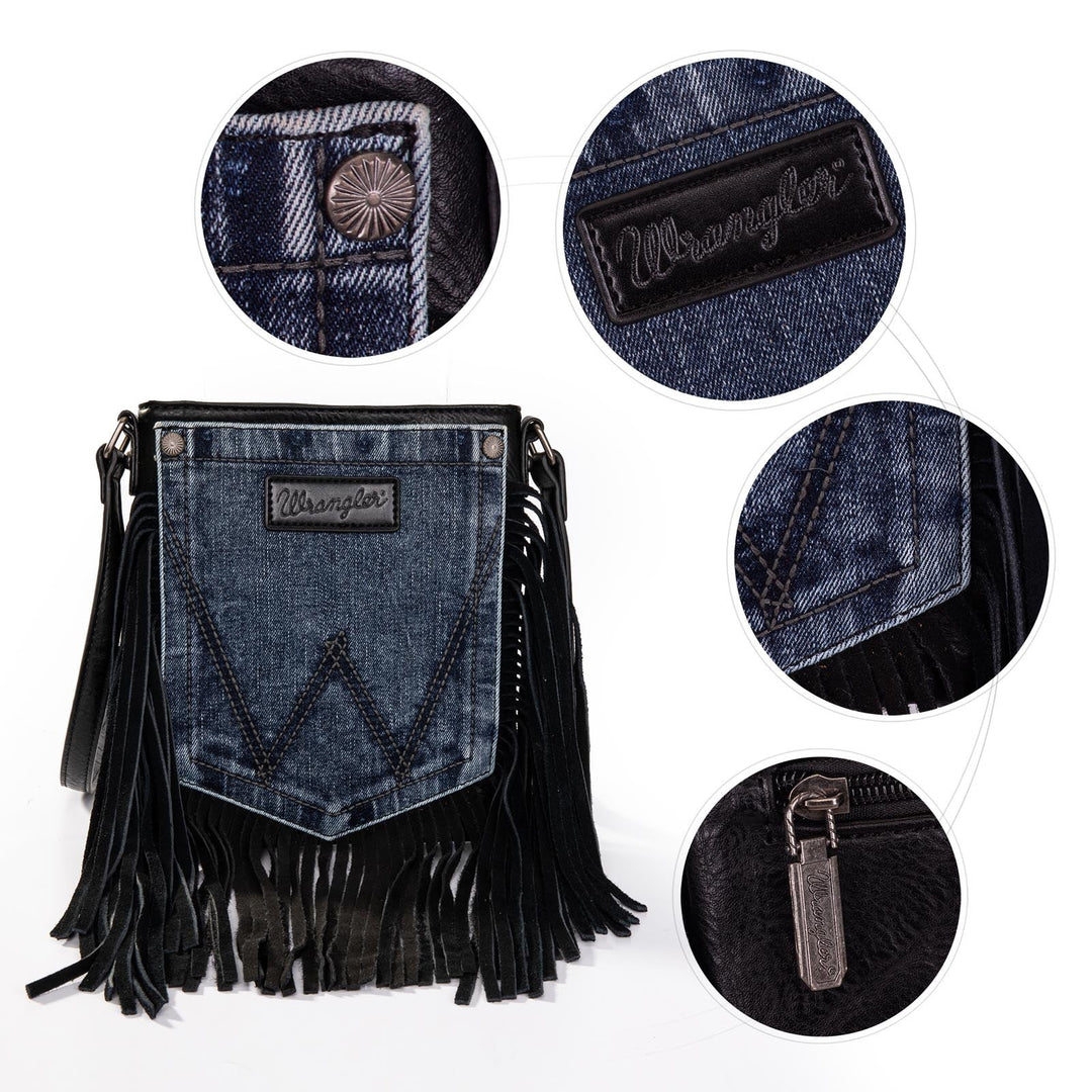 Wrangler Leather Fringe Jean Denim Pocket Crossbody - Black