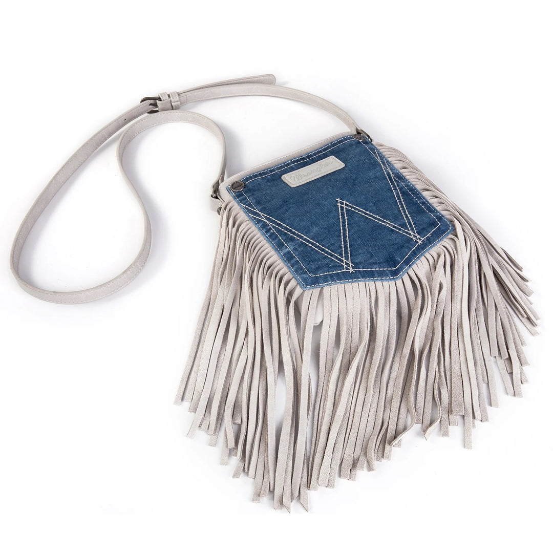 Wrangler Leather Fringe Jean Denim Pocket Crossbody - White