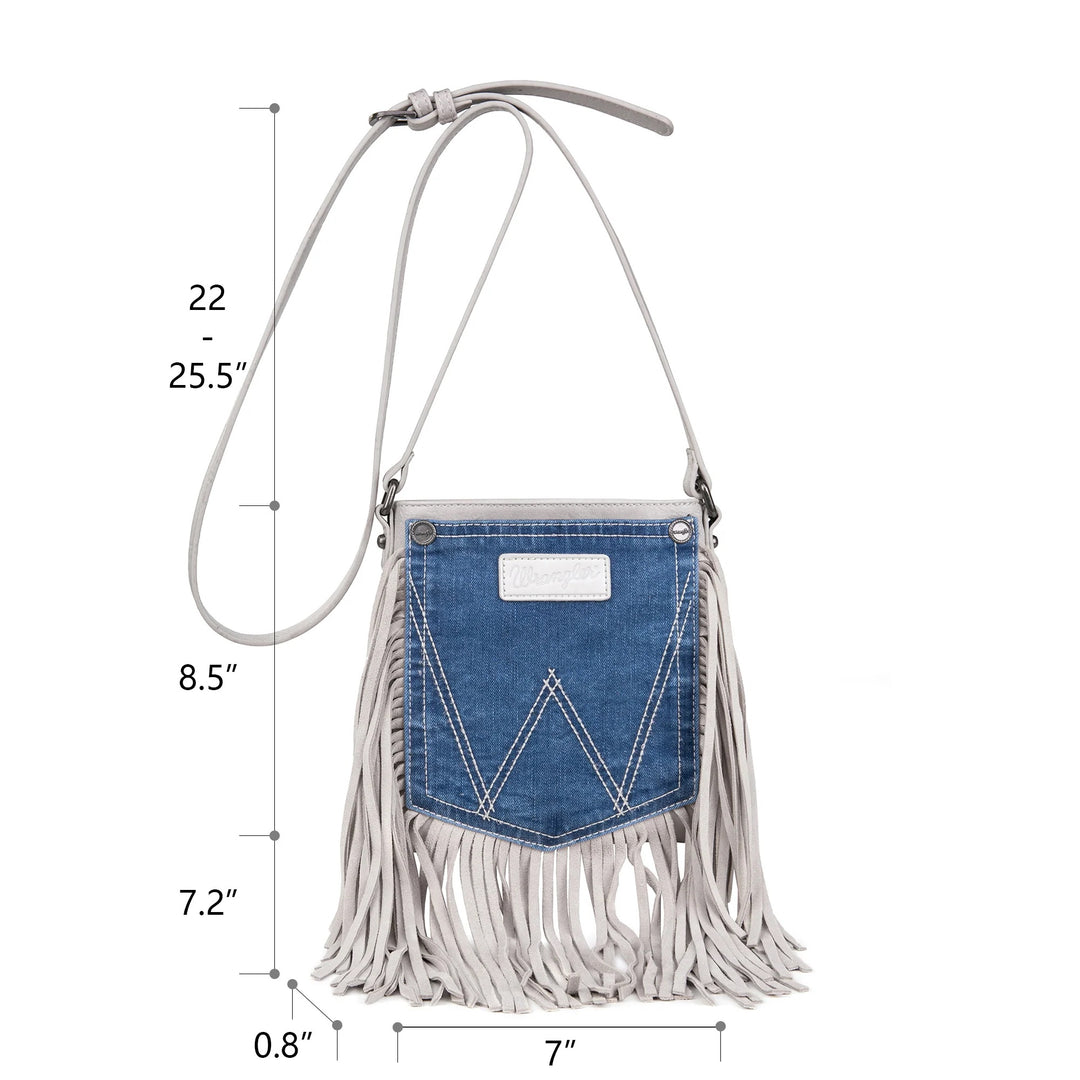 Wrangler Leather Fringe Jean Denim Pocket Crossbody - White