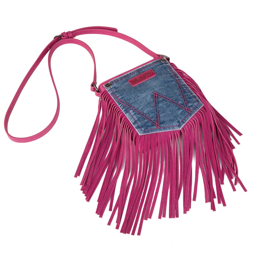 Wrangler Leather Fringe Jean Denim Pocket Crossbody - Hot Pink