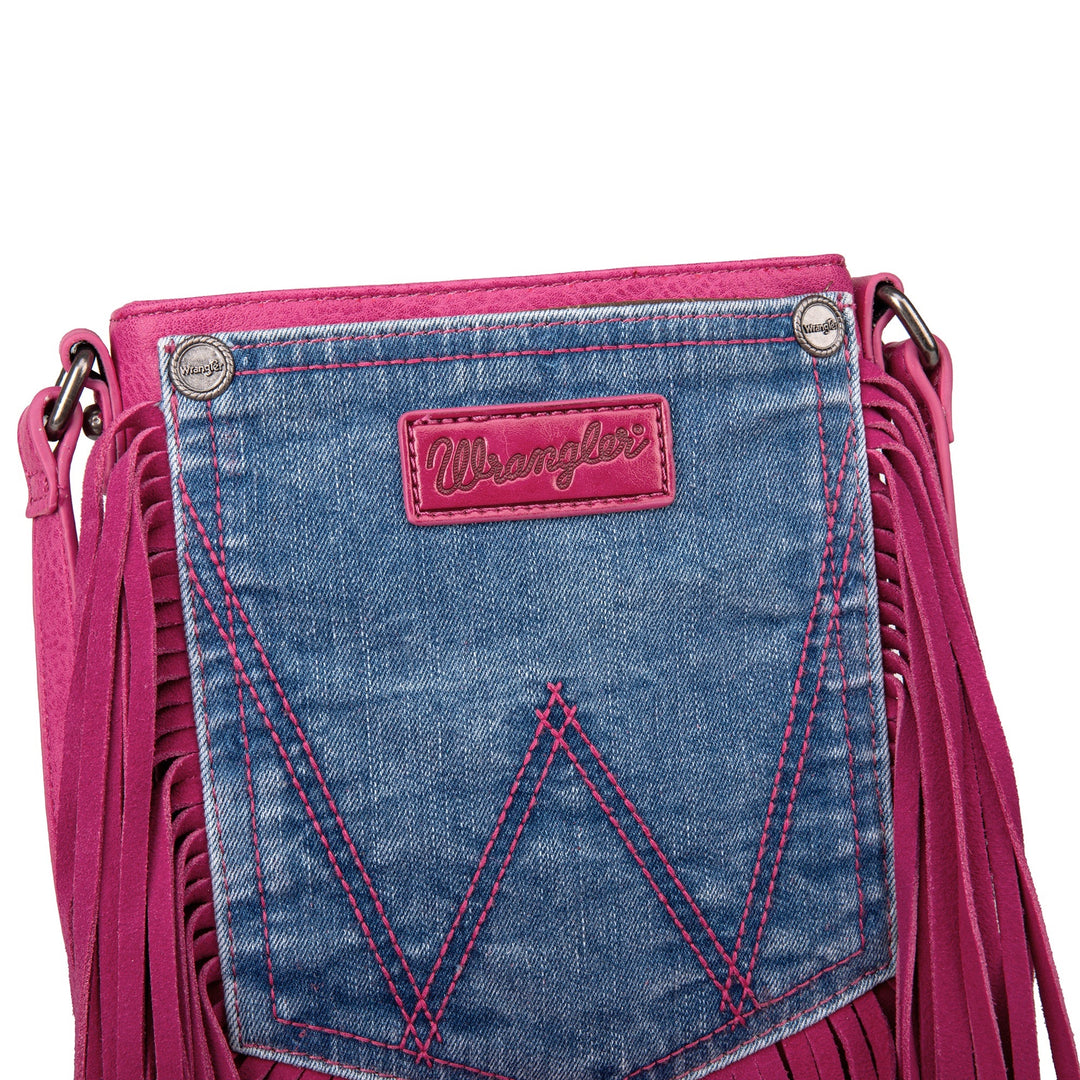 Wrangler Leather Fringe Jean Denim Pocket Crossbody - Hot Pink