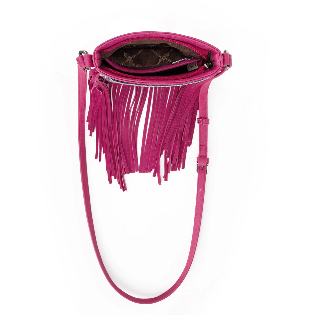Wrangler Leather Fringe Jean Denim Pocket Crossbody - Hot Pink