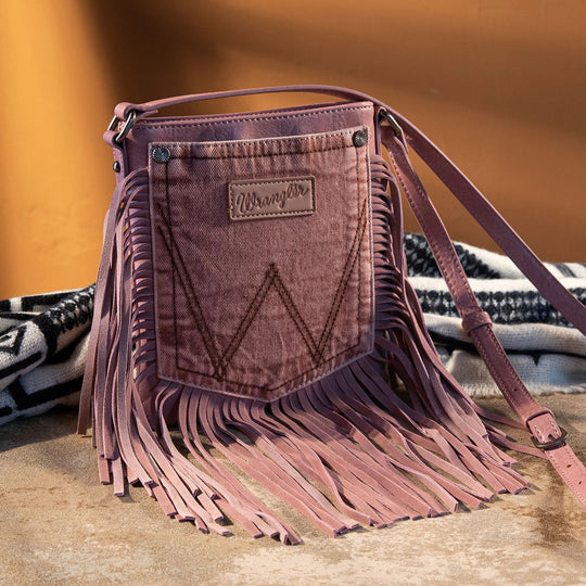 Wrangler Leather Fringe Jean Denim Pocket Crossbody - Pink