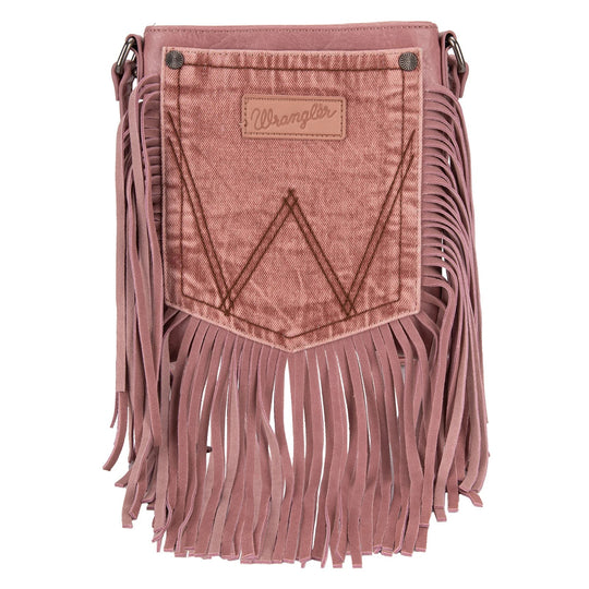 Wrangler Leather Fringe Jean Denim Pocket Crossbody - Pink