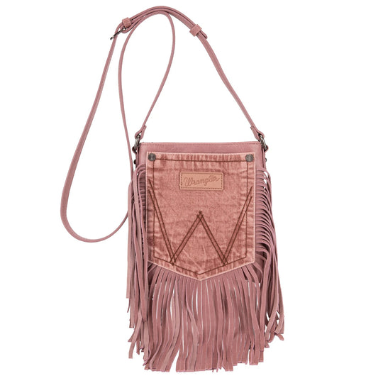 Wrangler Leather Fringe Jean Denim Pocket Crossbody - Pink