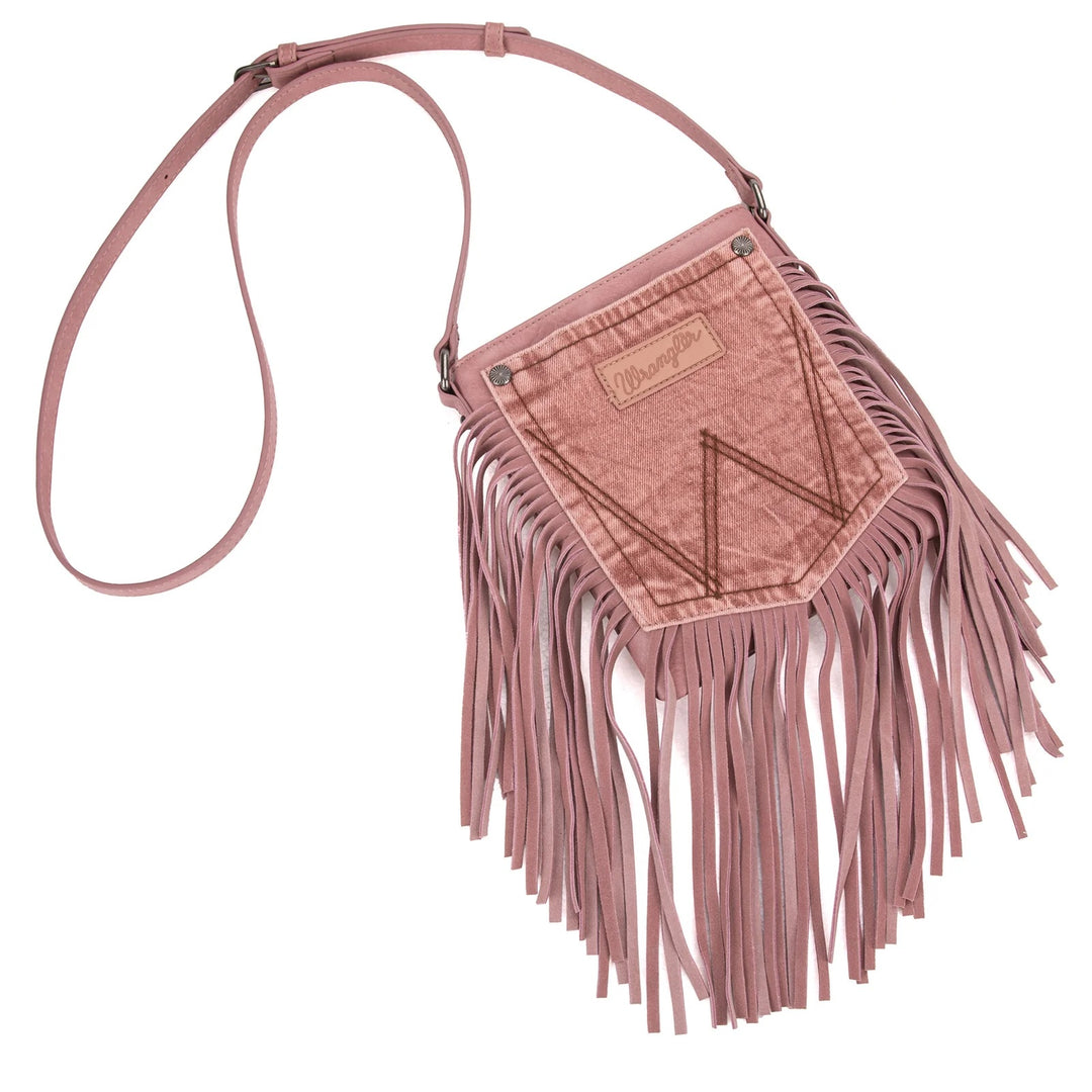 Wrangler Leather Fringe Jean Denim Pocket Crossbody - Pink