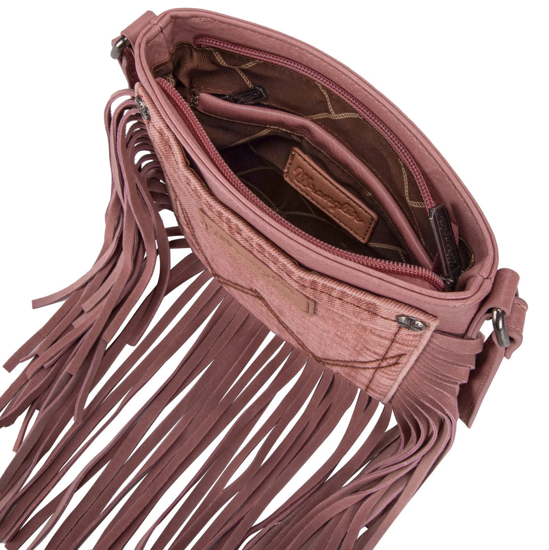 Wrangler Leather Fringe Jean Denim Pocket Crossbody - Pink
