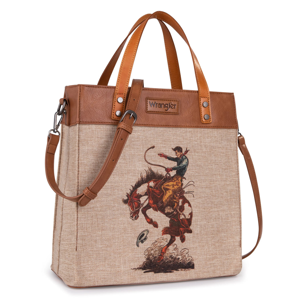 Wrangler Art Print Canvas Tote/Crossbody- Tan