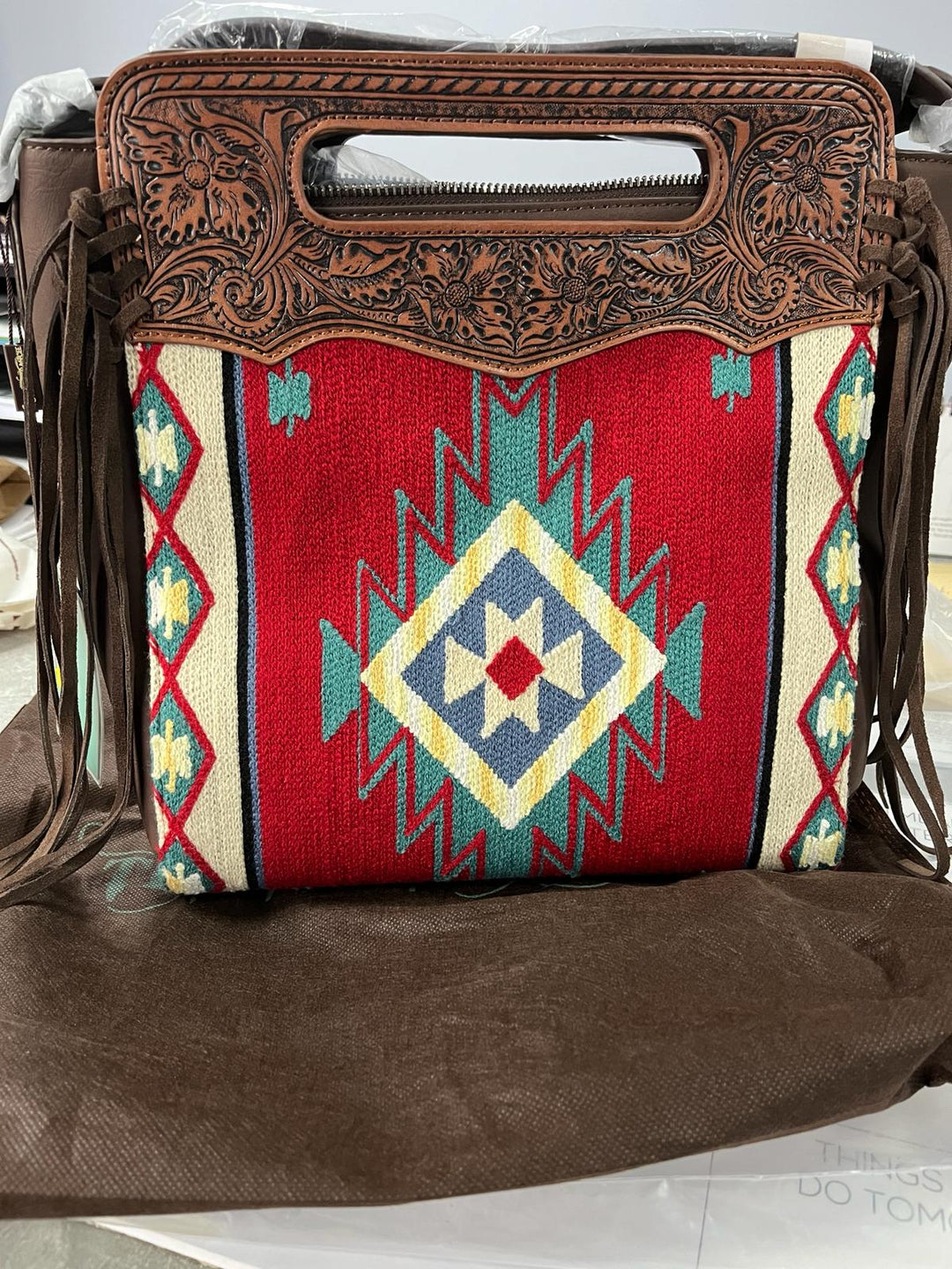 Trinity Ranch Genuine Leather Aztec Tapestry Collection Concealed Carry Hobo - Coffee