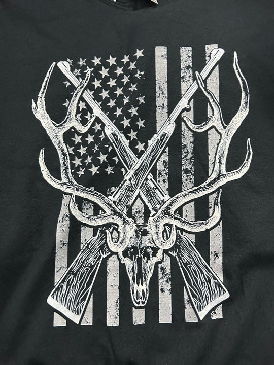 Buck with American Flag Black Short Sleeved T-Shirt