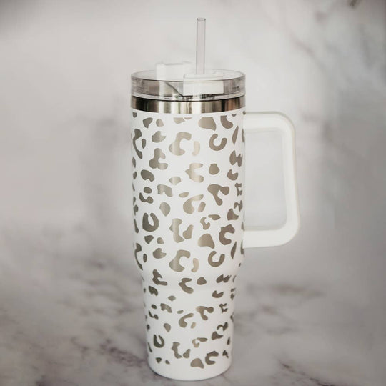 White Metallic Leopard 40oz Tumbler Cup with Handle