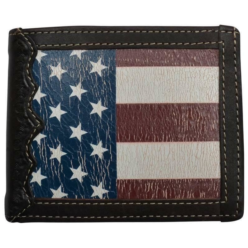 3D Western Mens Wallet Bifold Leather Distressed American Flag Inlay Brown - Wallets & Watches