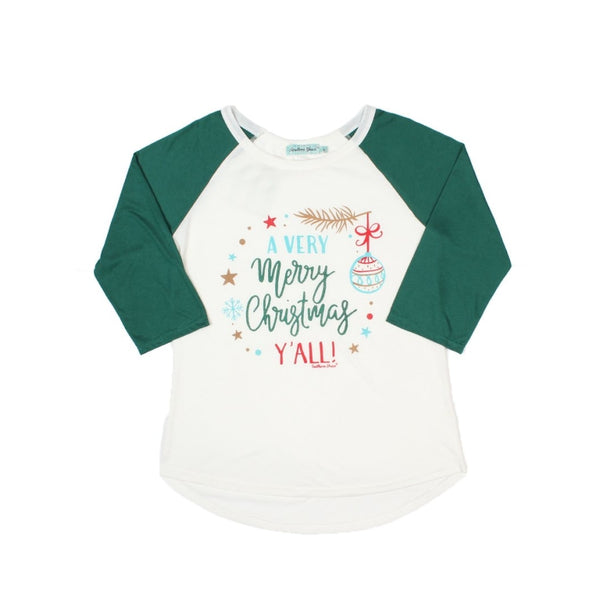 A Very Merry Christmas Yall Raglan With Forest Green Sleeves - Womens Tops