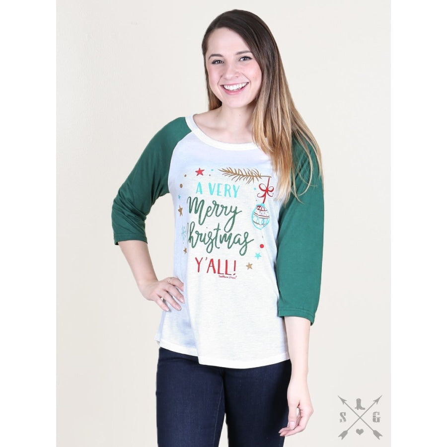 A Very Merry Christmas Yall Raglan With Forest Green Sleeves - Womens Tops