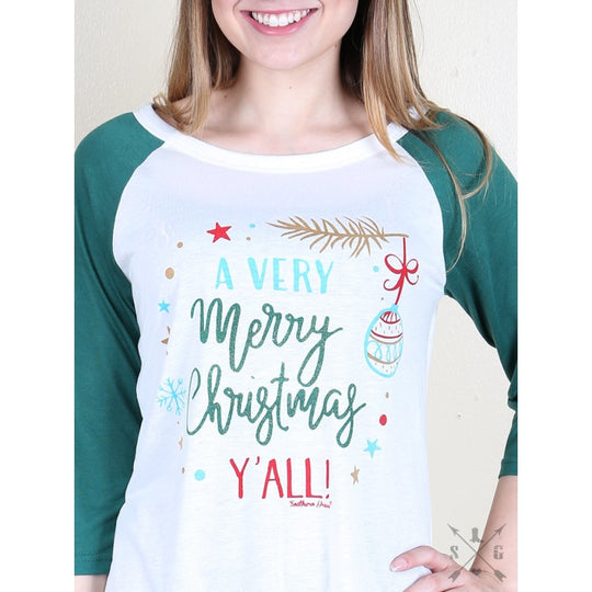 A Very Merry Christmas Yall Raglan With Forest Green Sleeves - Womens Tops