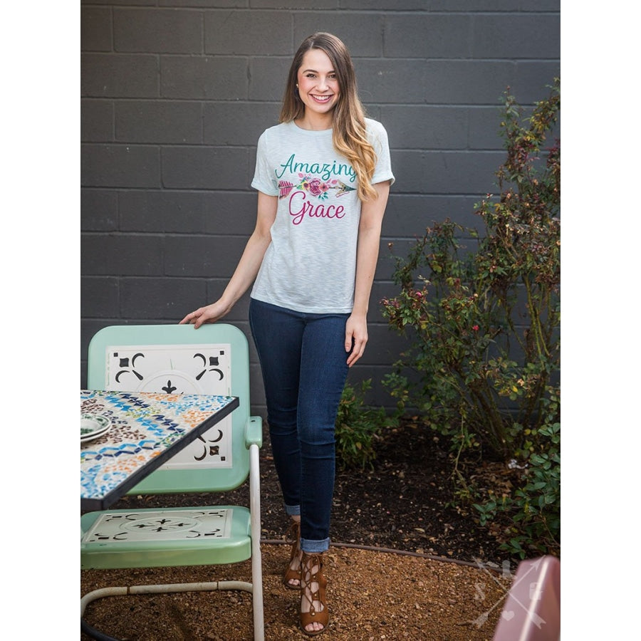 Amazing Grace On Mint Cuffed Tee - Womens Tops